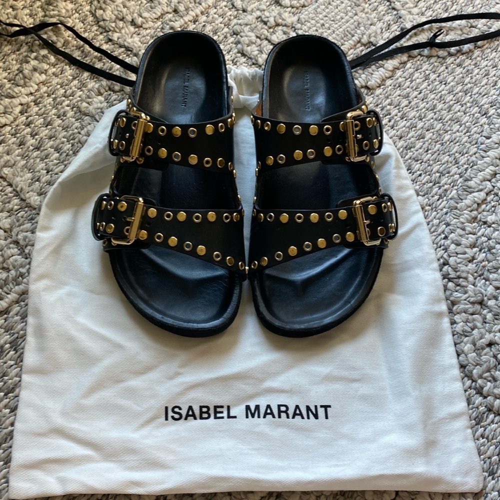 Isabel Marant Lennyo Black Leather Studded -Buckle Sandals with Gold Hardware